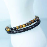 8 mm Tiger Eye & Leather Double Bracelet with Stainless Steel Clasp - Magick Magick.com