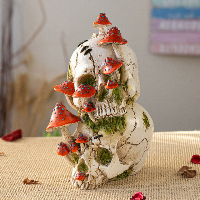 8.8" Double Skull with Mushrooms Statue - Magick Magick.com
