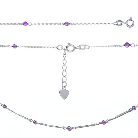 9" Adjustable Sterling Silver Anklet / Bracelet with Amethyst Beads & Heart Charm - Magick Magick.com