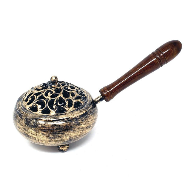 9" Golden Finish Iron Charcoal Burner with Lid & Wood Handle - Magick Magick.com