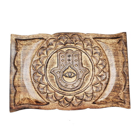 9" x 6" Carved Wood Box - Hamsa Hand Evil Eye - Magick Magick.com