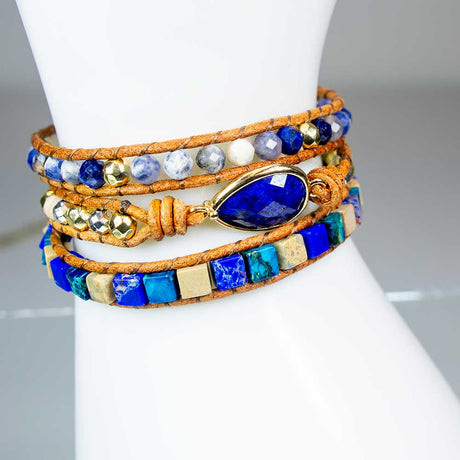 24" Wrap Bracelet Leather & Imperial Jasper with Lapis Accent