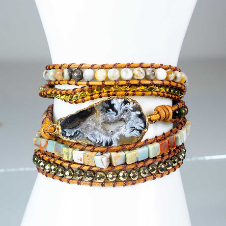 38" Wrap Bracelet Leather & Mixed Gemstones with Agate Geode Accent