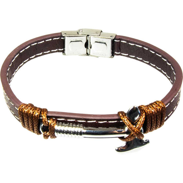 Brown Leather Stainless Steel Clasp Bracelet with Viking Axe