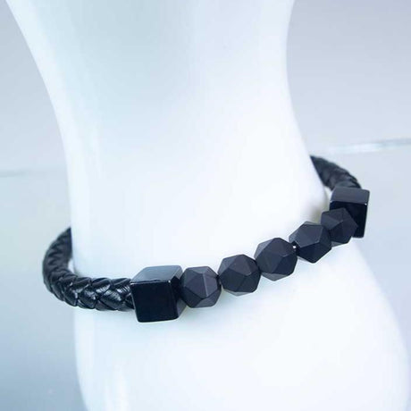 Black Leather Stainless Steel Clasp Bracelet with Black Ceramic Beads