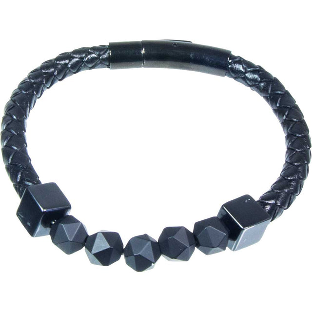 Black Leather Stainless Steel Clasp Bracelet with Black Ceramic Beads