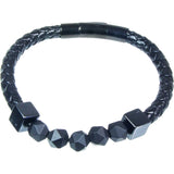 Black Leather Stainless Steel Clasp Bracelet with Black Ceramic Beads - Magick Magick.com