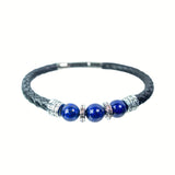 Black Leather Stainless Steel Clasp Bracelet with Lapis & Silver Accent Beads - Magick Magick.com