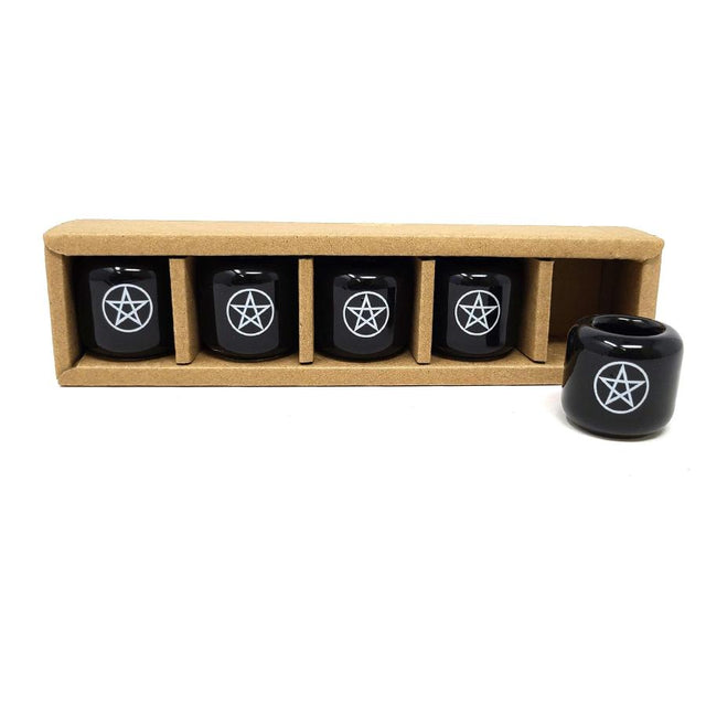 Ceramic Chime Candle Holder - Black with White Pentacle - Magick Magick.com
