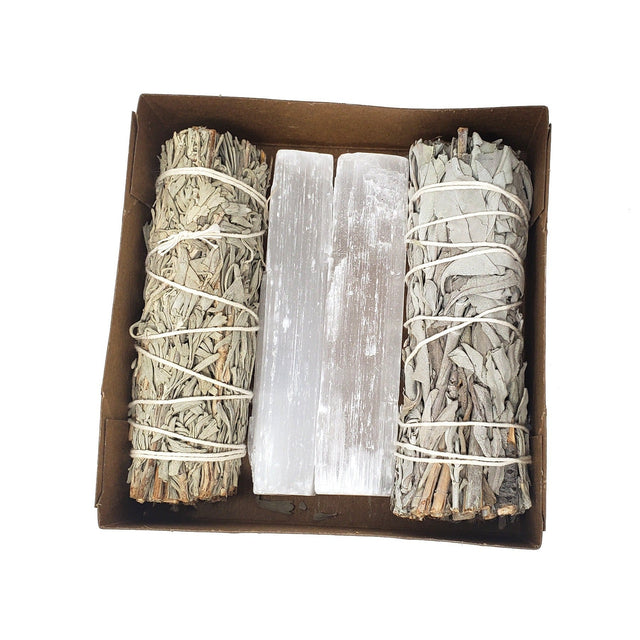 Cleansing Kit - 4" White Sage, Blue Sage, Selenite Sticks (Set of 4) - Magick Magick.com