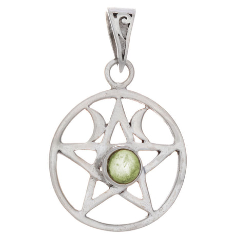 Double Moon Pentacle Sterling Silver Pendant (Assorted Stone) - Magick Magick.com