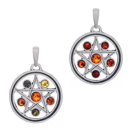 Pentagram with Amber Sterling Silver Pendant (Assorted Colors) - Magick Magick.com