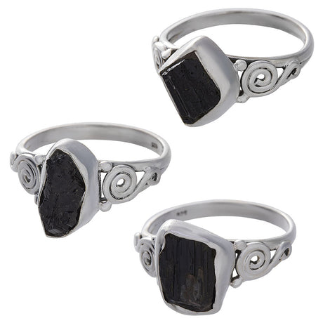 Rough Black Tourmaline Spiral Band Sterling Silver Ring (Assorted Shape) - Magick Magick.com