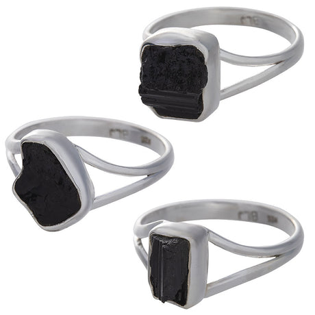 Rough Black Tourmaline Split Shank Simple Sterling Silver Ring (Assorted Shape) - Magick Magick.com