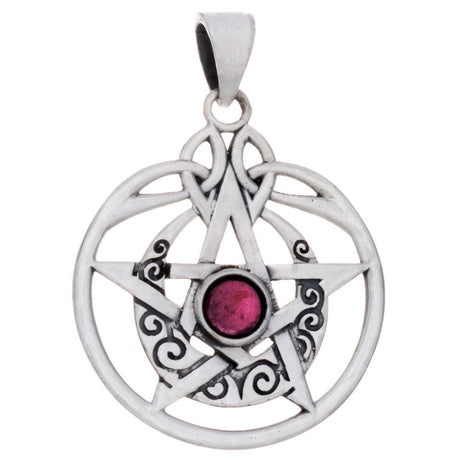 Swirl Moon Pentacle Sterling Silver Pendant (Assorted Stone) - Magick Magick.com