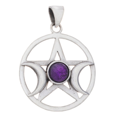 Triple Moon Pentacle Sterling Silver Pendant (Assorted Stone) - Magick Magick.com