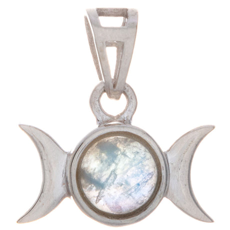 Triple Moon with Rainbow Moonstone Sterling Silver Pendant - Magick Magick.com