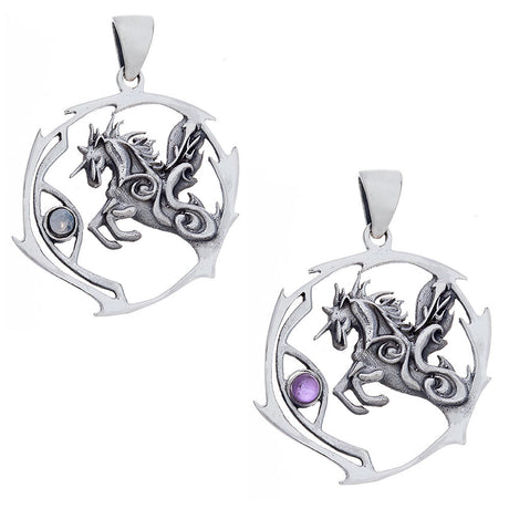Unicorn Sacred Animal Sterling Silver Pendant (Assorted Stone) - Magick Magick.com