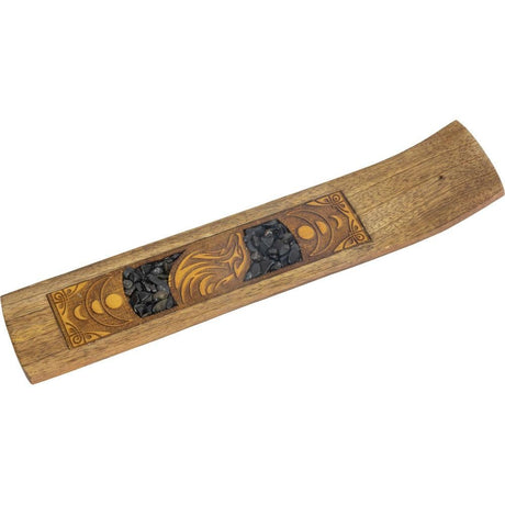 10" Laser Etched Wood Incense Holder - Wolf with Black Onyx Inlay - Magick Magick.com