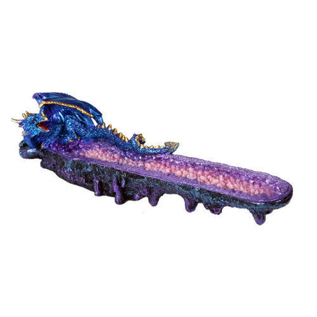 10.75" Blue Dragon on Amethyst Geode Stick Incense Burner - Magick Magick.com