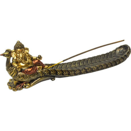 10.75" Polyresin Incense Holder - Sitting Ganesha on Peacock - Magick Magick.com