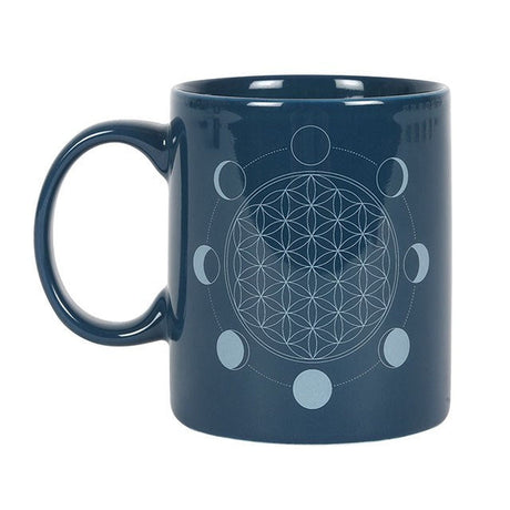 11 oz Blue Ceramic Mug - Moon Phase Flower of Life - Magick Magick.com