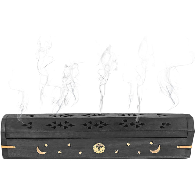 12" Celestial Black Wood Incense Box Burner - Magick Magick.com