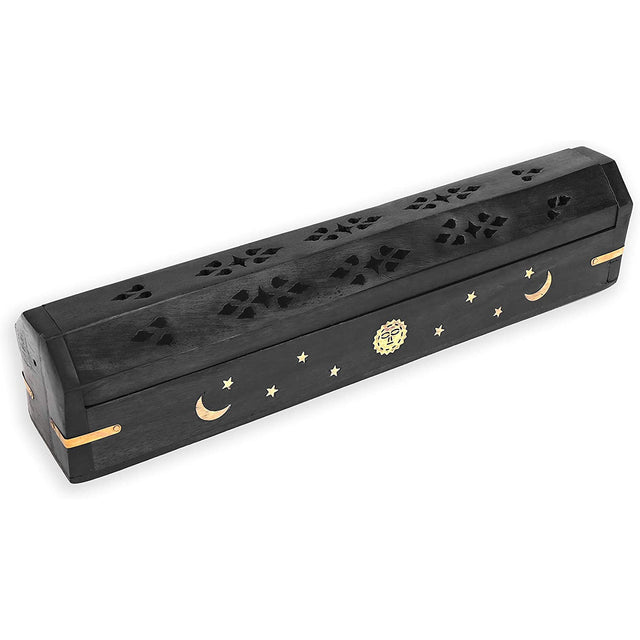 12" Celestial Black Wood Incense Box Burner - Magick Magick.com