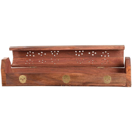 12" Skull Brass Inlay Wood Incense Box Burner with Storage - Magick Magick.com