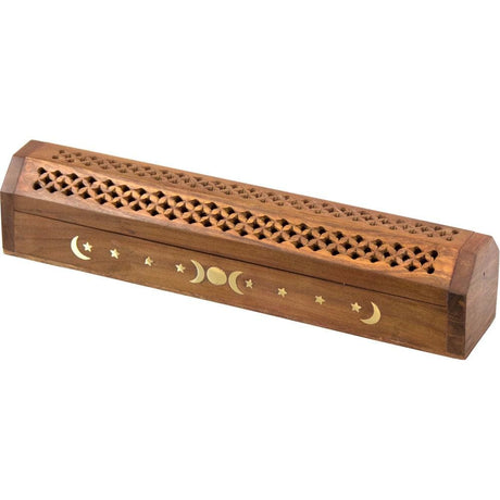 12" Triple Moon Brass Inlay Wood Incense Box Burner with Storage - Magick Magick.com