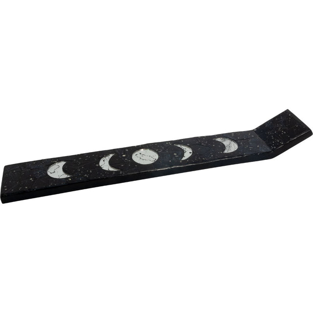 13.5" Wood Incense Holder with Glass Mosaic - Moon Phases (Black) - Magick Magick.com