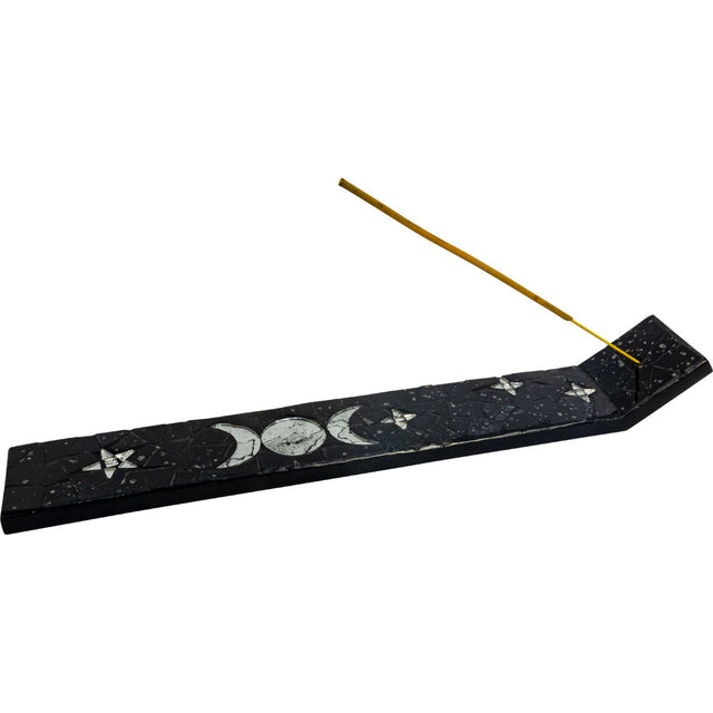 13.5" Wood Incense Holder with Glass Mosaic - Triple Moon - Magick Magick.com