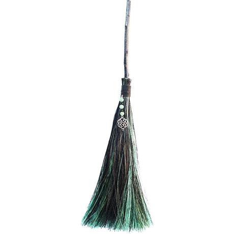 18" Wicca Besom - Green/ Black - Celtic Knot with Green Aventurine - Magick Magick.com