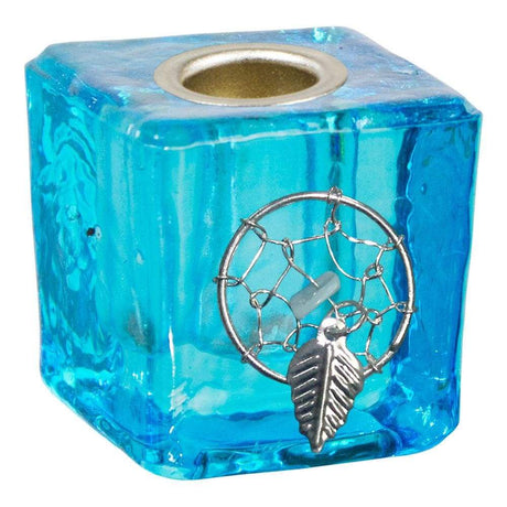1.25" Mini Glass Candle Holder Cube - Aqua Dreamcatcher - Magick Magick.com