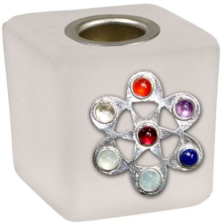 1.25" Mini Glass Candle Holder Cube - Frosted Chakras - Magick Magick.com