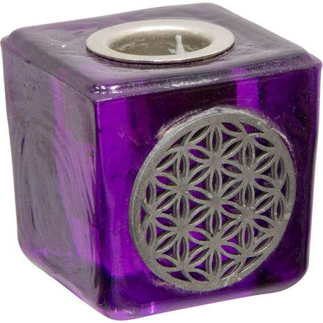 1.25" Mini Glass Candle Holder Cube - Purple Flower of Life - Magick Magick.com