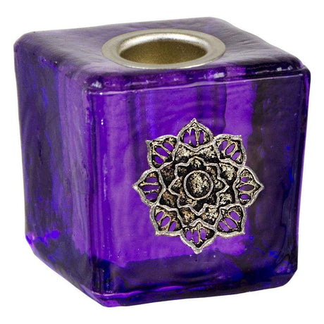 1.25" Mini Glass Candle Holder Cube - Purple Lotus - Magick Magick.com