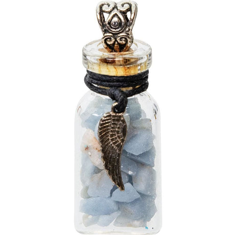 1.75" Gemstone Chip Bottle Necklace - Angelite with Angel Wing - Magick Magick.com