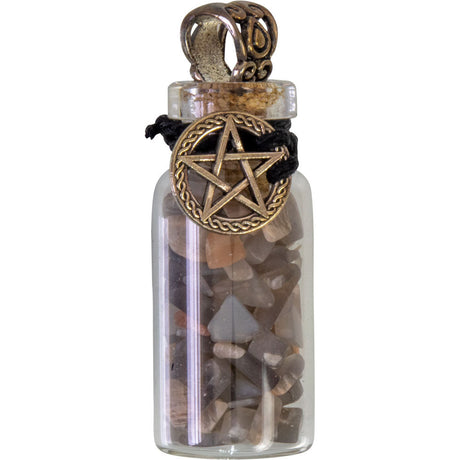 1.75" Gemstone Chip Bottle Necklace - Black Moonstone with Pentacle - Magick Magick.com