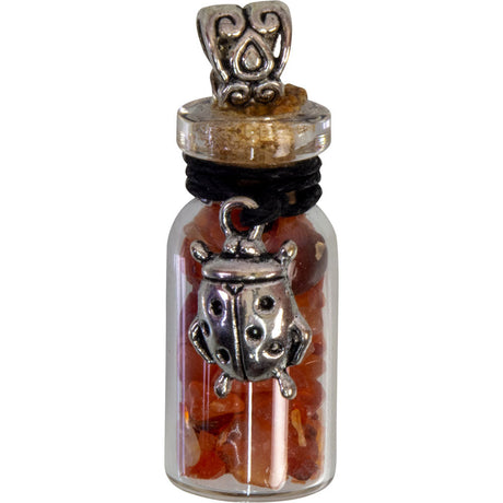 1.75" Gemstone Chip Bottle Necklace - Carnelian with Ladybug - Magick Magick.com