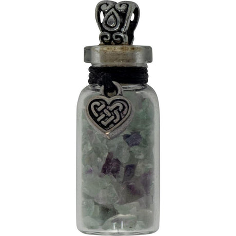 1.75" Gemstone Chip Bottle Necklace - Fluorite with Celtic Heart - Magick Magick.com