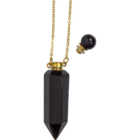 1.75" Gemstone Point Pendant Perfume Bottle Necklace - Black Obsidian - Magick Magick.com