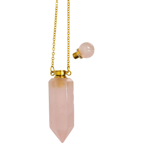 1.75" Gemstone Point Pendant Perfume Bottle Necklace - Rose Quartz - Magick Magick.com