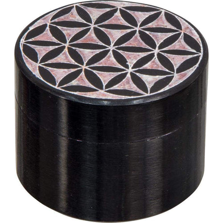 2" Black Soapstone Round Box - Flower of Life - Magick Magick.com