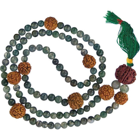 28" Mala Prayer Beads - Rudraskha Seeds & Moss Agate - Magick Magick.com