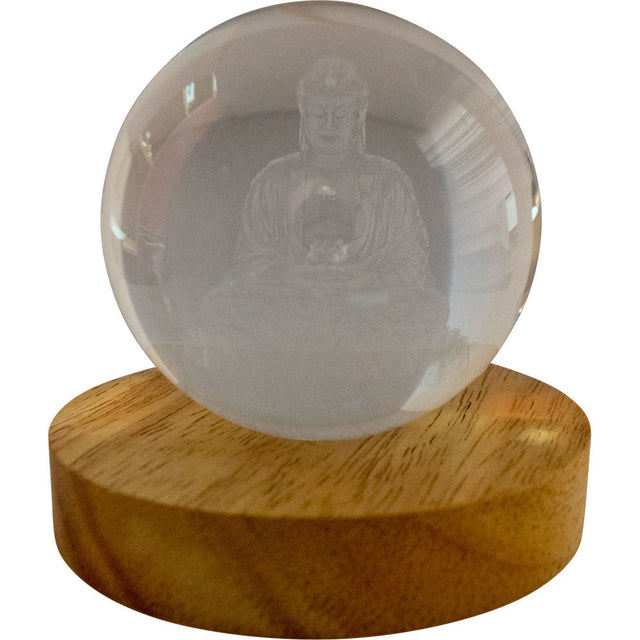 3" Crystal Ball with Wood LED Light Base - Buddha - Magick Magick.com