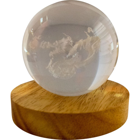 3" Crystal Ball with Wood LED Light Base - Chinese Dragon - Magick Magick.com