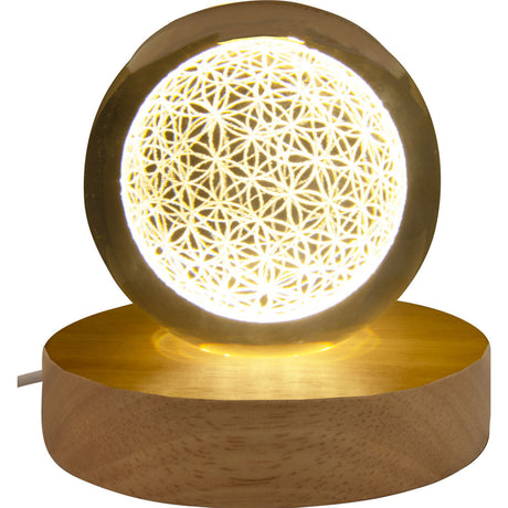 3" Crystal Ball with Wood LED Light Base - Flower of Life - Magick Magick.com