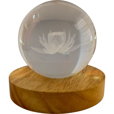 3" Crystal Ball with Wood LED Light Base - Lotus - Magick Magick.com