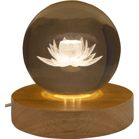 3" Crystal Ball with Wood LED Light Base - Lotus - Magick Magick.com
